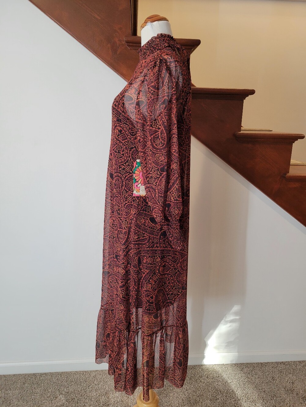 Farm Rio Mesh Dress Mock Neck Anthropologie Printed Paisley Midi Brown Size M - Picture 3 of 6